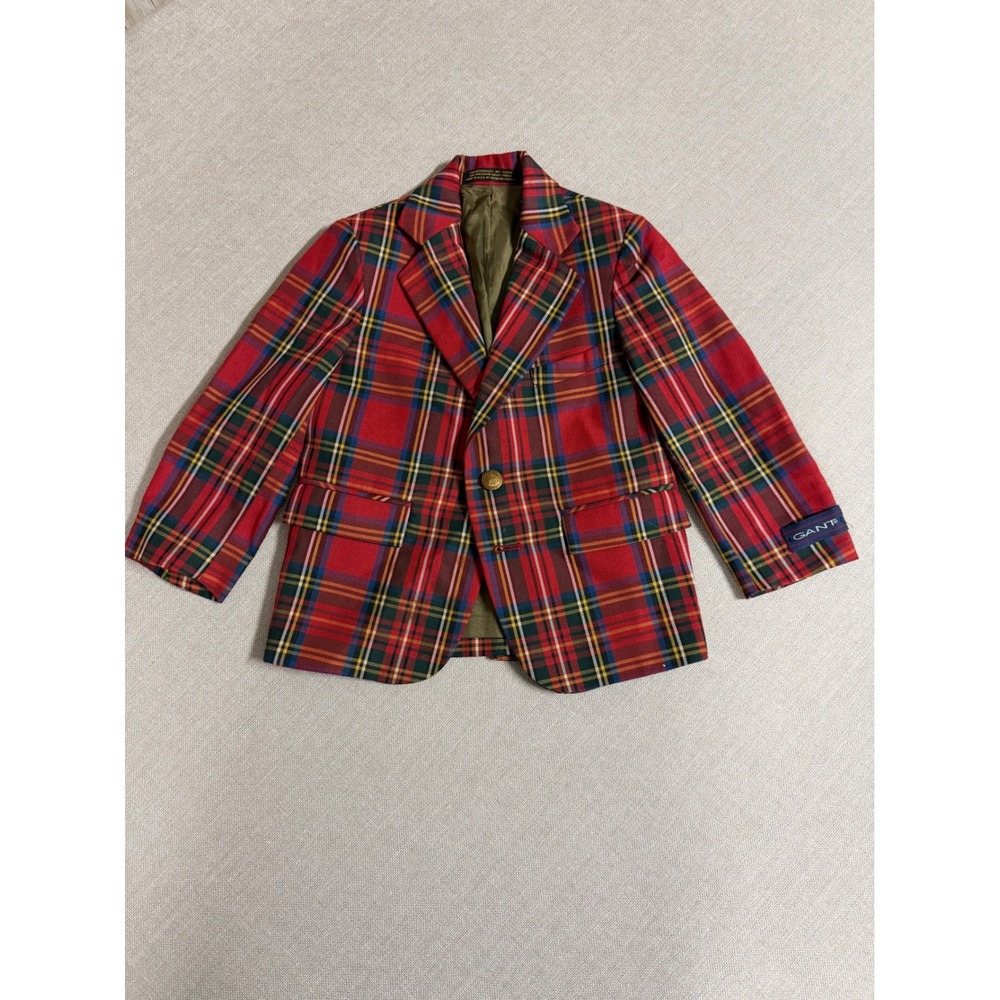 Gant Vintage Kids Red Tartan Plaid Blazer Jacket Gold Crest Buttons USA Made